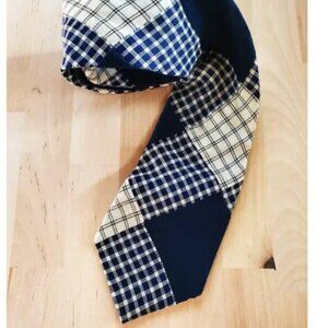 90's Polo Ralph Lauren Navy Blue & Cream Glen Plaid & Window Pane Linen Tie OS